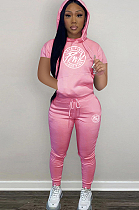 Stylish Drawstring Hoodie Short Sleeve Women Sport Pants Sets RYM12181