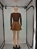 Casual Women Solid Color Ruffle PU Leather Skirts Long Sleeve Ribber Skirts Sets SDE21103