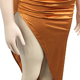 Euramerican Fashion Solid Color Women Round Collar Sleeveless Ruffle Irregular Split Long Dress XZ5527