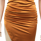 Euramerican Fashion Solid Color Women Round Collar Sleeveless Ruffle Irregular Split Long Dress XZ5527