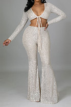 Sexy Bodycon Bnadage Short Tops Dew Waist Sequins Wide Leg Pants Sets CCY9444