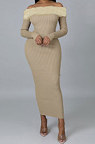 Velvet Spliced Ribber A Word Shoulder Long Sleeve Bodycon Hip Long Dress CCY9431