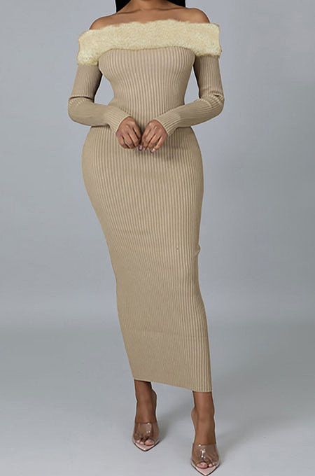 Velvet Spliced Ribber A Word Shoulder Long Sleeve Bodycon Hip Long Dress CCY9431