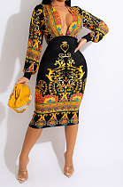Euramerican Women Long Sleeve Printing V Collar Collect Waist Mini Dress WMZ2697