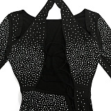 Sexy Hollow Out Hip Long Sleeve Bodycon Hot Drilling Bandage Mini Dress CCY9496