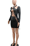Sexy Hollow Out Hip Long Sleeve Bodycon Hot Drilling Bandage Mini Dress CCY9496