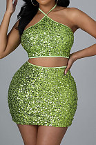 Fashion Sexy Halter Neck Bandage Backless Sequins Skirts Sets CCY9459