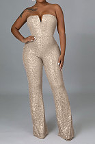 Sexy Strapless V Collar Sequins Off Shoulder Wide Leg Jumpsuits CCY9478