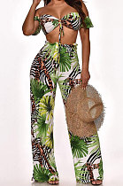 Women Strapless Printing Tied Stringy Selvedge Mid Waist Long Pants Sets Q8010