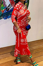 Spring Autumn Buttons Paisley Prtinting Turn-Down Collar Long Dress AA5298