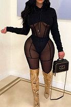 Women Sexy Perspectivity Mesh Spaghetti Long Sleeve Hoodie Tops Pure Color Pants Sets K2307