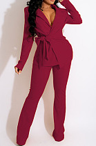 Hot Sales Stylish Women Long Sleeve V Neck Bandage Tops Wide Leg Pants Solid Color Businss Suit AMX6070