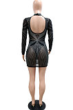 Sexy Hollow Out Perspectivity Hot Drilling Hip Backless Long Sleeve Mini Dress CCY9501