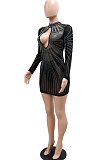 Sexy Hollow Out Perspectivity Hot Drilling Hip Backless Long Sleeve Mini Dress CCY9501