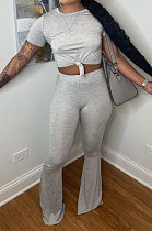 Women Hot Sales Simple Solid Color Short Sleeve Round Neck Crop Tops Blouse Flare Pants Casual Suit E8655