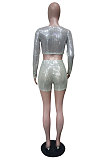 High Quality Sexy Luxe Sequins Long Sleeve Round Neck Crop Tops Shorts Casual Suit LS6313