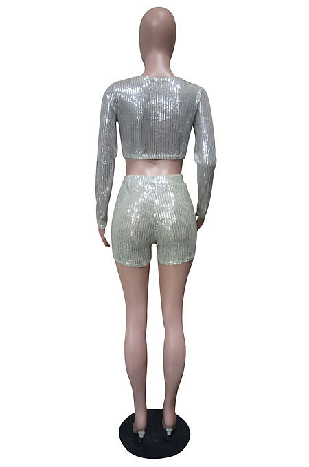 High Quality Sexy Luxe Sequins Long Sleeve Round Neck Crop Tops Shorts Casual Suit LS6313