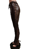 Hot Sales Stylity Women Bandage Sexy Slit Leather Pants F88413