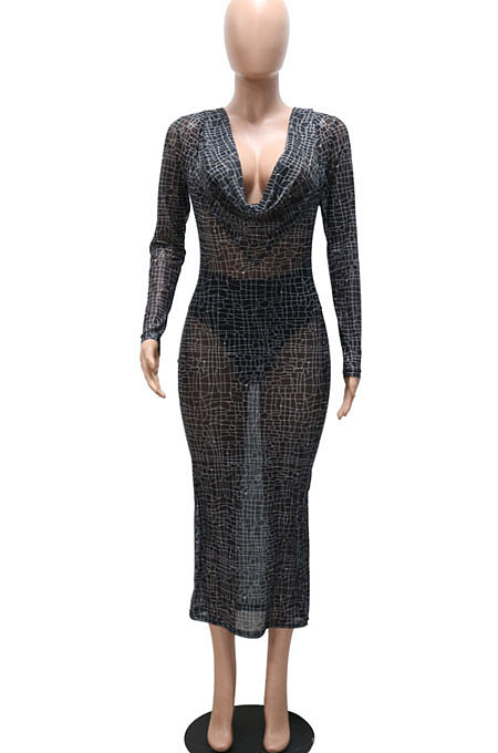 Sexy Trendy Deep V Collar Perspectivity Printing Hip Midi Dress NO Underwera CCY9523