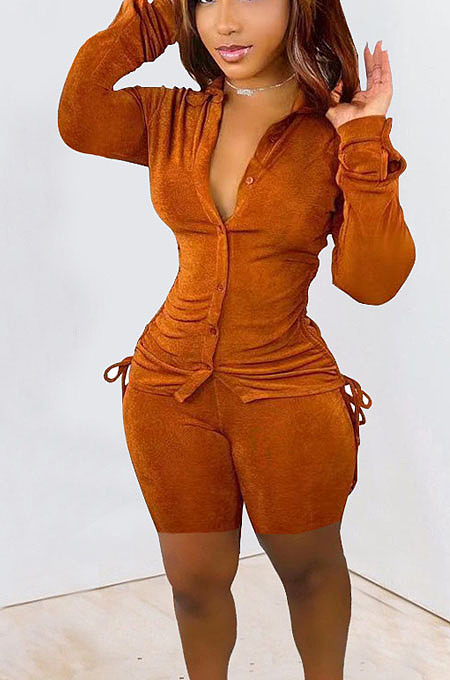Wholesale New Women Long Sleeve Lapel Neck Single-Breasted Drawsting Shirt Shorts Casual Suit MTY6610