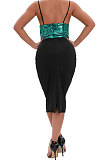 Sequins Spliced Tight Condoel Belt Zipper Split Mini Dress WMZ 2711