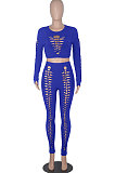 Women Solid Color Hollow Out Crop Fashion Casual Pants Sets WMZ0099