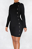 Women Ribber Long Sleeve High Neck Personality Single-Breasted Slim Fitting Solid Color Hip Dress LS6320