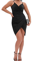 Euramerican Sexu Condole Belt Deep V Collar Glistening Hip Ruffle Mini Dress WMZ2712