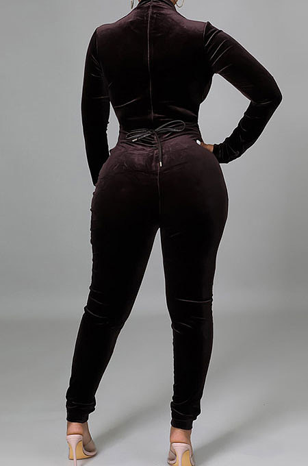 Euramerican Solid Color Velvet Sexy Bandage Long Sleeve Bodycon Jumpsuits CCY9522