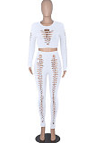 Women Solid Color Hollow Out Crop Fashion Casual Pants Sets WMZ0099