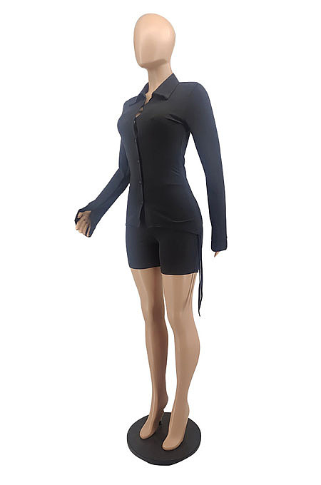 Wholesale New Women Long Sleeve Lapel Neck Single-Breasted Drawsting Shirt Shorts Casual Suit MTY6610