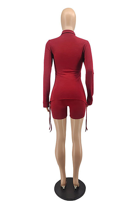 Wholesale New Women Long Sleeve Lapel Neck Single-Breasted Drawsting Shirt Shorts Casual Suit MTY6610