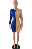 Night Club Sexy Sequins Matching Color Long Sleeve Round Neck Dew Waist Bodycon For Party Hip Dress JLX3520