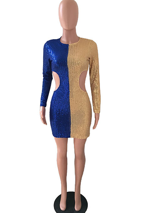 Night Club Sexy Sequins Matching Color Long Sleeve Round Neck Dew Waist Bodycon For Party Hip Dress JLX3520