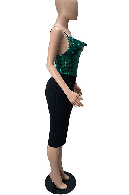 Sequins Spliced Tight Condoel Belt Zipper Split Mini Dress WMZ 2711