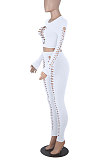 Women Solid Color Hollow Out Crop Fashion Casual Pants Sets WMZ0099