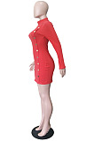 Women Ribber Long Sleeve High Neck Personality Single-Breasted Slim Fitting Solid Color Hip Dress LS6320