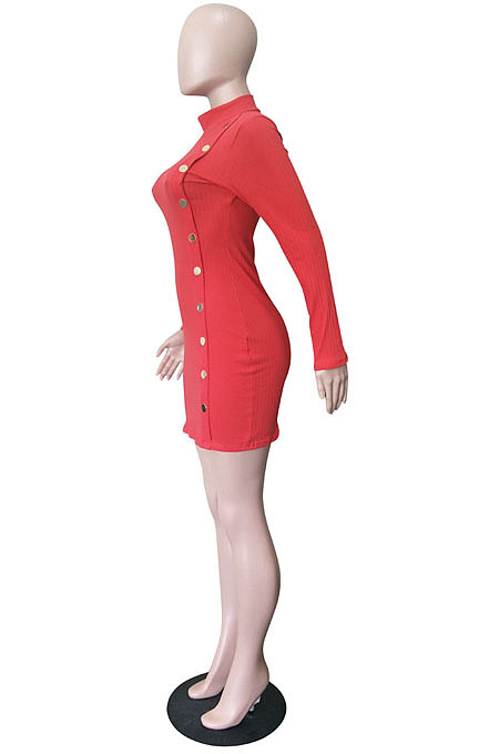 Women Ribber Long Sleeve High Neck Personality Single-Breasted Slim Fitting Solid Color Hip Dress LS6320
