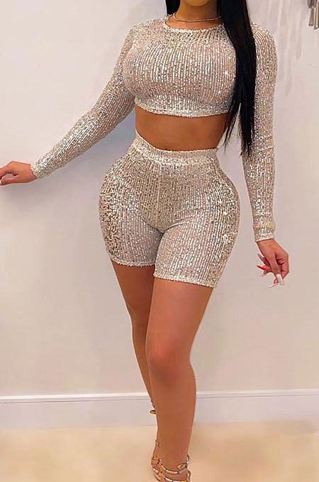 High Quality Sexy Luxe Sequins Long Sleeve Round Neck Crop Tops Shorts Casual Suit LS6313