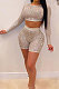 High Quality Sexy Luxe Sequins Long Sleeve Round Neck Crop Tops Shorts Casual Suit LS6313