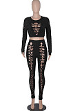 Women Solid Color Hollow Out Crop Fashion Casual Pants Sets WMZ0099
