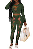 Women Solid Color Hollow Out Crop Fashion Casual Pants Sets WMZ0099