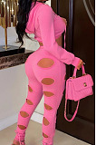 Casual Sexy Women Long Sleeve Crop Tops Hollow Out Skinny Pants Solid Color Sets OEP6320