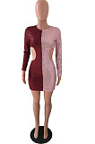 Night Club Sexy Sequins Matching Color Long Sleeve Round Neck Dew Waist Bodycon For Party Hip Dress JLX3520