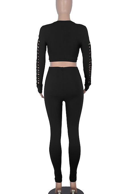 Women Solid Color Hollow Out Crop Fashion Casual Pants Sets WMZ0099