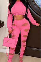 Casual Sexy Women Long Sleeve Crop Tops Hollow Out Skinny Pants Solid Color Sets OEP6320