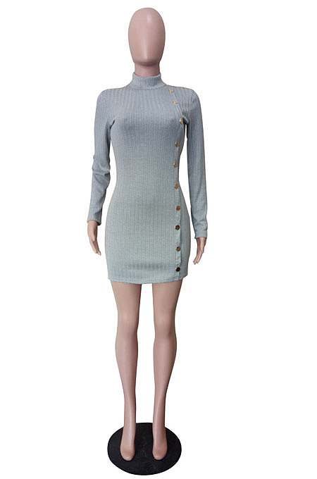 Women Ribber Long Sleeve High Neck Personality Single-Breasted Slim Fitting Solid Color Hip Dress LS6320