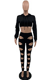 Casual Sexy Women Long Sleeve Crop Tops Hollow Out Skinny Pants Solid Color Sets OEP6320