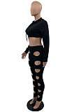 Casual Sexy Women Long Sleeve Crop Tops Hollow Out Skinny Pants Solid Color Sets OEP6320