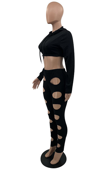 Casual Sexy Women Long Sleeve Crop Tops Hollow Out Skinny Pants Solid Color Sets OEP6320